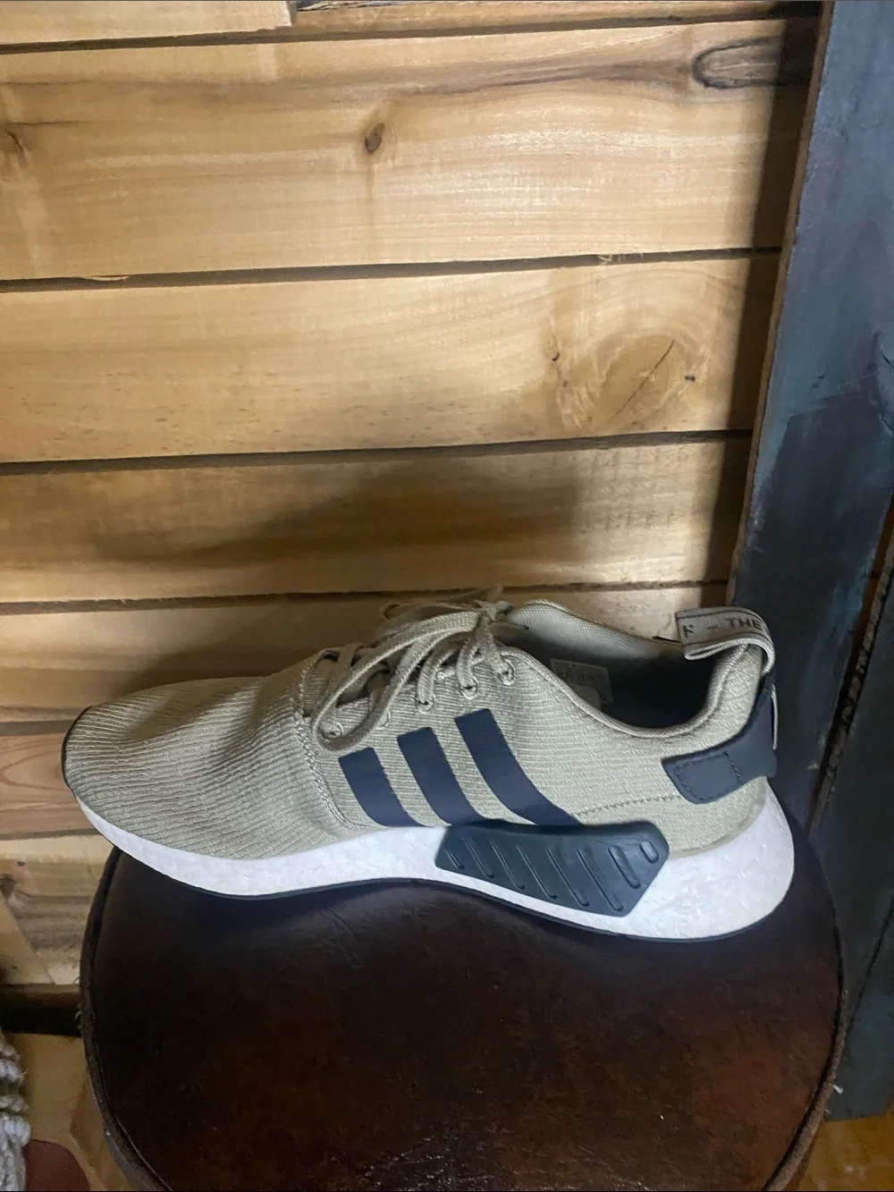 Adidas Men's light olive green Athletic Sneakers with black Stripes size 10
